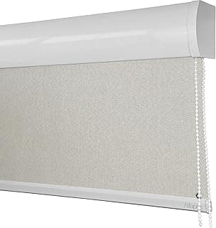 Cortina persiana de rolo branca com acabamento linho natural, bloqueia luz, cordão branco
