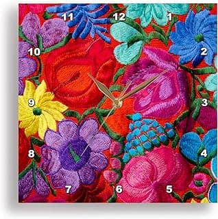 Relógio de parede com design de tecido floral bordado tradicional em cores vibrantes