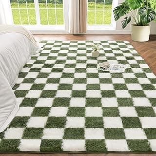 Tapete de área verde e branco quadriculado para sala de estar
