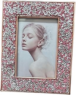 Mini porta-retratos 5 x 7 com strass rosa e branco, moldura de metal brilhante.
