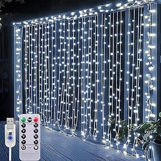 Trailabo Cortina Luz LED, 3x6M com 600 Lâmpadas LED, Interface USB com Controle Remoto, 8 Funções de Iluminação, À Prova D'Água para Decoração Festiva e Uso no Natal. (Luz Branca Fria)
