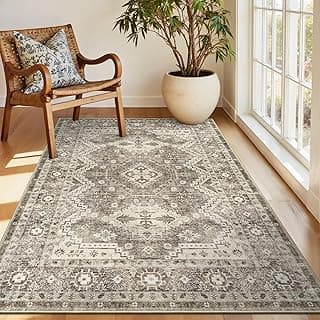 Tapete lavável cinza e branco com padrão tribal persa, ideal para sala de estar