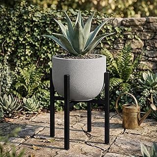 Suporte de ferro preto para vaso de plantas 40cm com planta de agave em vaso cinza