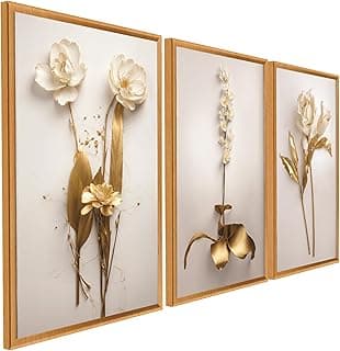Quadros decorativos com flores brancas e dourados em molduras douradas, conjunto de três peças