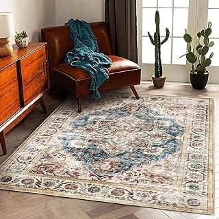 Tapete lavável retrô azul bege boho chic com design envelhecido antiderrapante para sala, cozinha, quarto, escritório