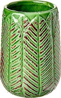 Vaso decorativo verde com padrão de folhas vermelhas, cerâmica artesanal