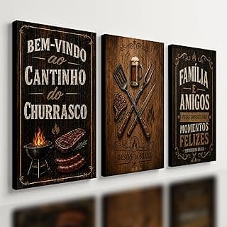 Kit 3 Quadros Decorativos Churrasco Área Gourmet Carne Madeira 40x28cm
