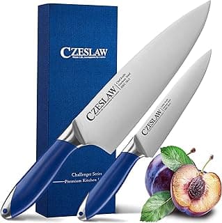 Duas facas de chef profissionais com cabos azuis e lâminas prateadas, apresentadas em uma caixa azul e frutas vermelhas.