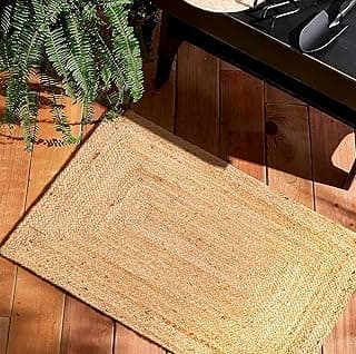 Tapete trançado de juta bege, estilo boho, para interior e exterior, 61x91 cm