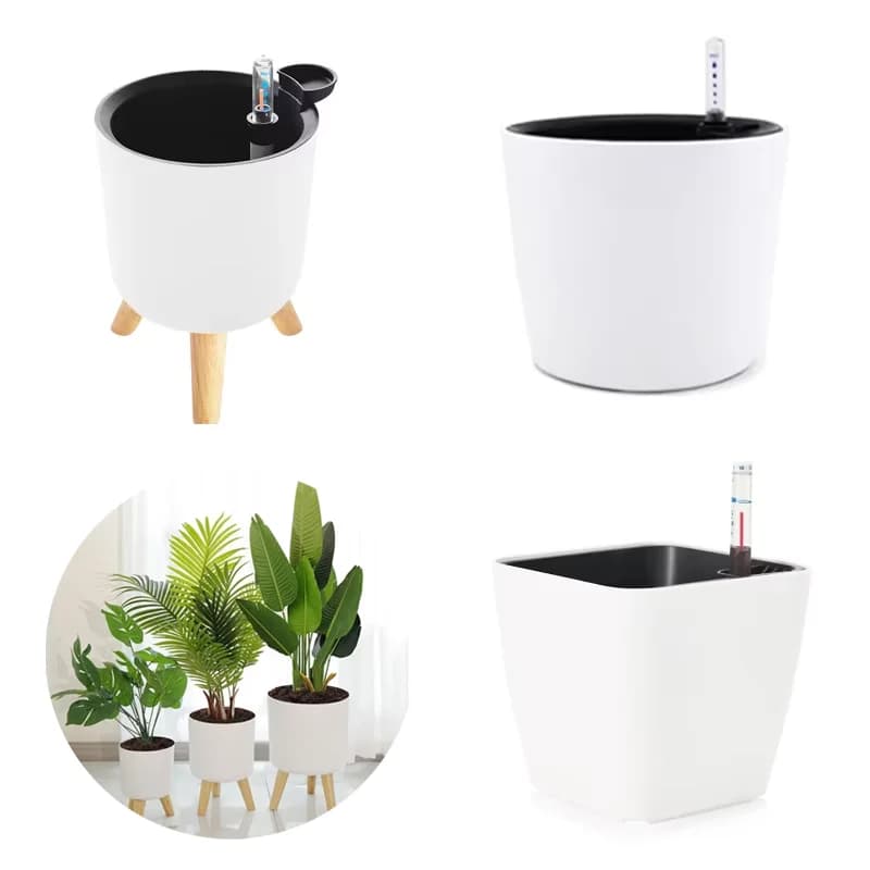 Vaso de plástico branco com autoirrigação e indicador de nível de água, decoração para casa