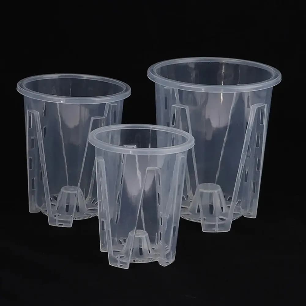 Vasos plásticos transparentes para orquídeas com bandeja e controle de raiz