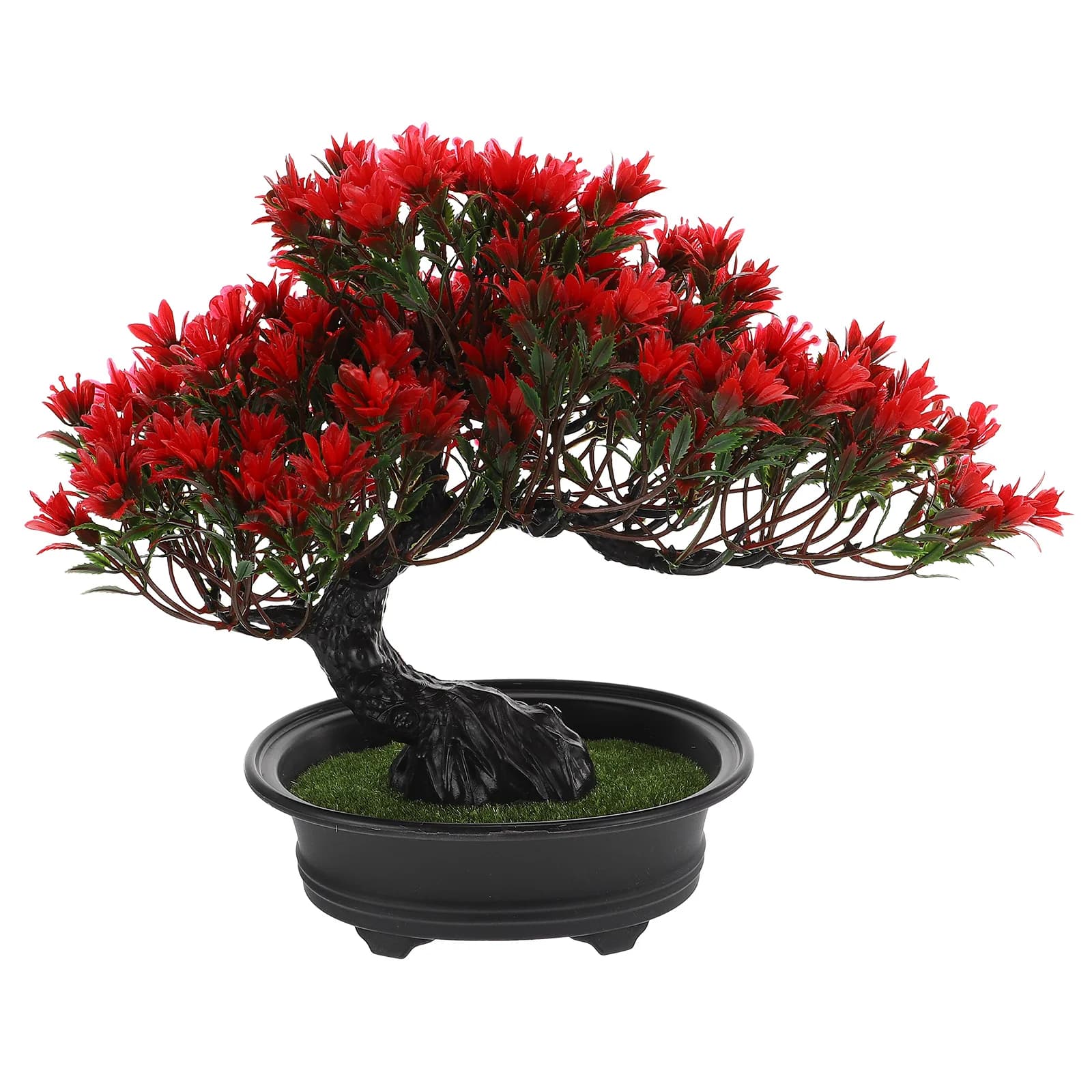 Planta artificial vermelha em vaso de bonsai realista para decoração