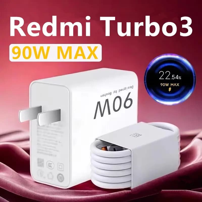 Carregador rápido 90W para Xiaomi Redmi Turbo 3 com cabo tipo-C