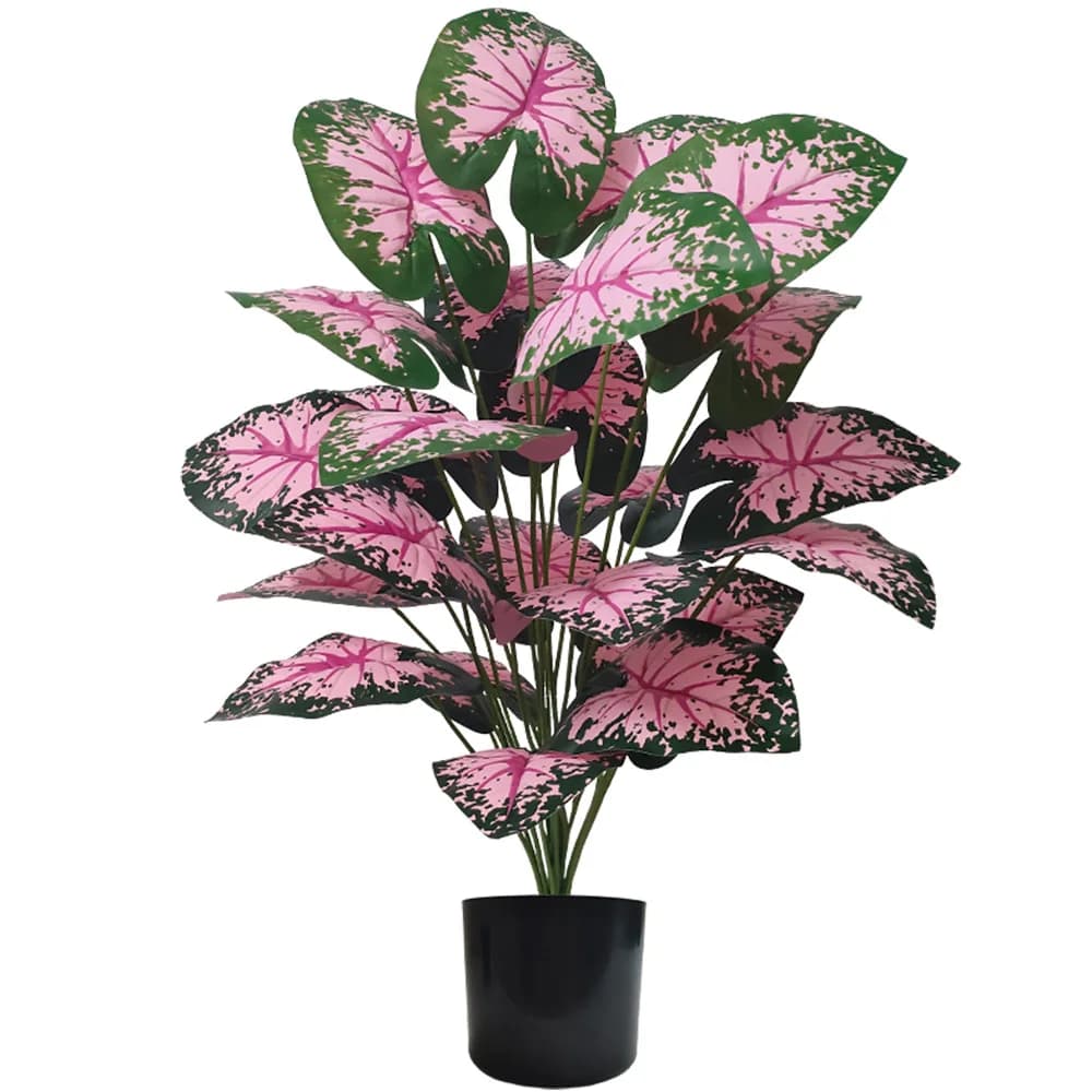 Planta artificial rosa e verde em vaso preto para decoração