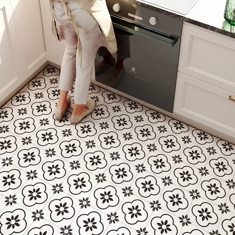 Tapete de couro PVC com padrão floral minimalista em preto e branco, antiderrapante e à prova d'água