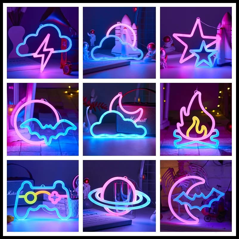 Luzes de néon LED em forma de controle de jogo, lua, morcego, estrela, foguete, nuvem e raio, cores neon rosa, azul e verde