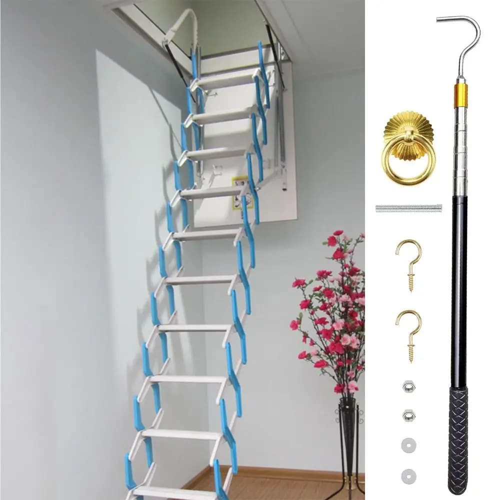 Kit de escada pull-down de sótão retrátil de aço inoxidável com acessórios
