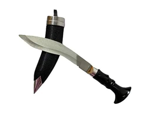 Faca adaga kukri de aço inoxidável com lâmina curva, cabo preto e detalhes prateados.