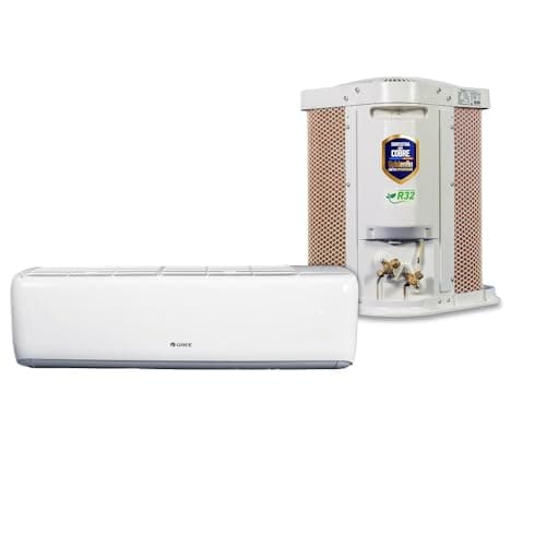 Ar condicionado split branco com unidade externa e selo de qualidade