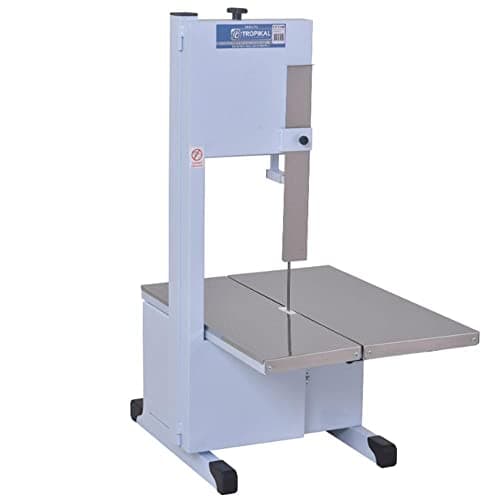 Máquina serra fita industrial com mesa móvel, cor branca e cinza, fundo branco.