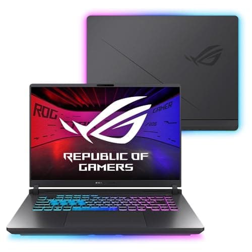 Notebook Asus Rog Strix G16 aberto com teclado RGB e logo ROG