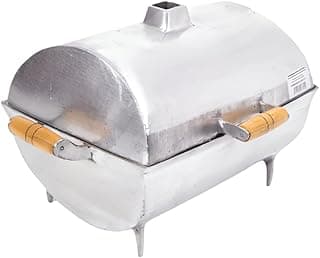 Churrasqueira a Bafo Carvão em alumínio fundido com grelha, vista frontal, cabos amarelos
