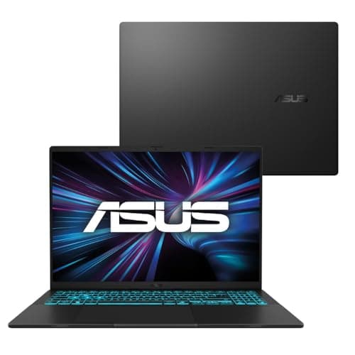 Notebook ASUS V16 V3607VU com teclado retroiluminado em verde e tela com logotipo da ASUS