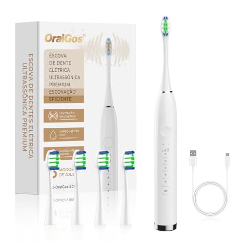 OralGos Escova Dental Elétrica para Adulto, 5 Modos Ultrassônicos, Limpeza Profunda, com 4 Cabeças Substituíveis, Recarregável e Portátil, 1 Unidade