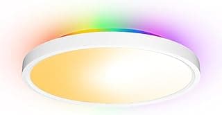 Luz de teto LED circular ajustável em cor e intensidade, com acabamento branco e superfície gradiente.