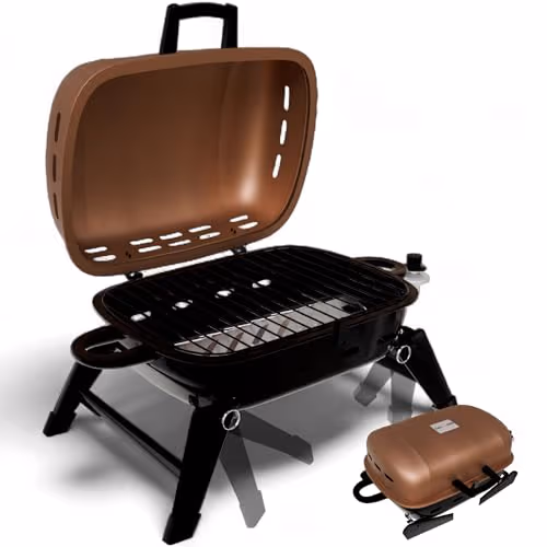 Churrasqueira portátil de mesa GasOne com grelha preta e tampa marrom, fácil de usar e com botão de controle de temperatura.