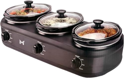 Rechaud Elétrico Triplo Buffet Slow Cooker em Aço Inox Preto - 127V com 3 Panelas Cubas de Cerâmica com Tampas de Vidro Temperado - Para Servir na Cozinha Festas Eventos Caldos Sopas Pratos Quentes