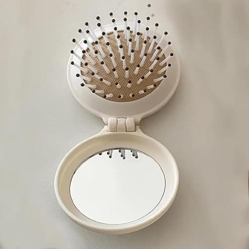 Escova de cabelo dobrável para viagem, redonda, portátil, dobrável, com bolso, mini pente compacto, tamanho de viagem, pente de massagem para homens e mulheres - branco