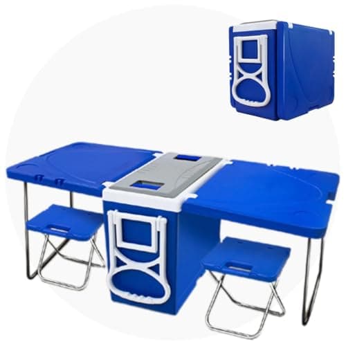 Mesa térmica multifuncional com 32 litros, mesa retrátil e duas banquetas dobráveis, azul e branco.