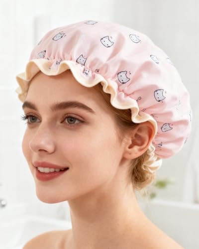 Touca de banho impermeável de camada dupla rosa DJA177-02