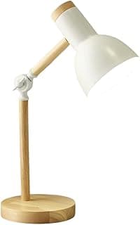 Luminária de mesa branca com base de madeira natural, design articulado e botão de ajuste de altura