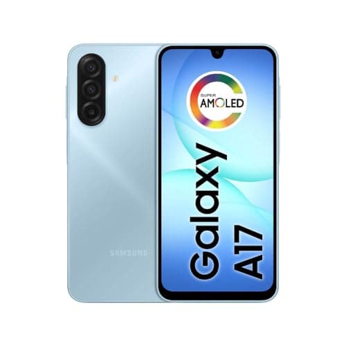 Smartphone Samsung Galaxy A17 azul com tela AMOLED, câmera tripla e ícone SUPER AMOLED