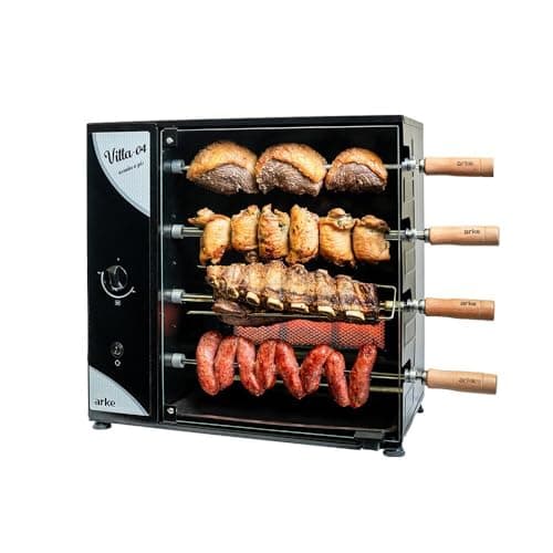 Churrasqueira a Gás Rotativa Vitta Arke 04 Espetos com carnes e linguiças grelhadas