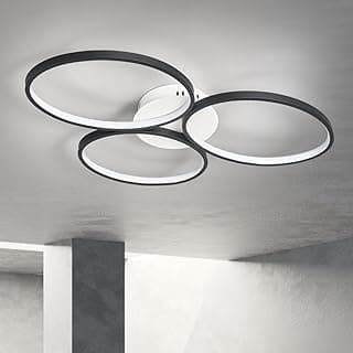 Luminária de teto LED moderna com três anéis circulares, brilho suave, branco e preto.