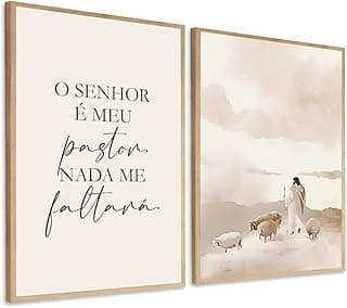 Kit 2 quadros decorativos religiosos com Jesus Cristo e ovelhas, moldura marrom, frase motivacional