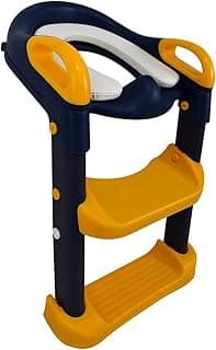Redutor de assento infantil com escada em azul e amarelo, três degraus, alça de segurança, fundo branco