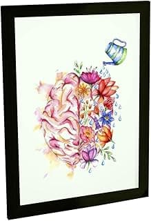 Quadro decorativo com ilustração do cérebro humano, flores e regador, moldura preta