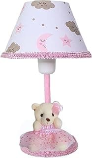 Abajur infantil de mesa com ursinho de pelúcia rosa e tema de nuvem, branco e rosa