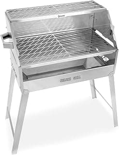 Churrasqueira de aço inox Nelore Grill com duas grelhas, portátil e desmontável.