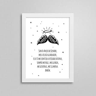 Quadro decorativo com oração de anjo da guarda em moldura branca para quarto infantil