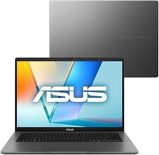 Notebook Asus Vivobook S14 S3407ca aberto com tela ligada exibindo logotipo ASUS