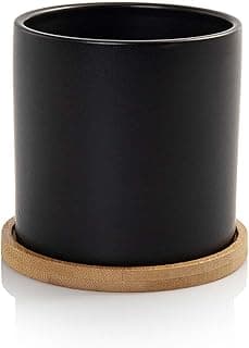 Vaso cachepot preto fosco em porcelana com base de madeira