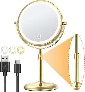 Espelho de maquiagem iluminado Gospire 17,78 cm com ampliação 10x/1x, altura ajustável, luzes LED reguláveis em 3 cores, giratório 360°, recarregável