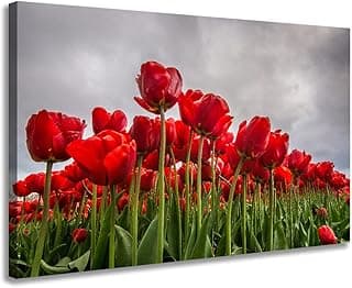 Quadro decorativo com tulipas vermelhas em campo
