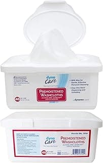 Pacote de 46 toalhas de banho pré-umedecidas Dyne Care, recipiente branco com rótulo vermelho e branco
