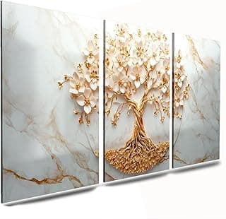 Quadros decorativos abstratos com árvore da vida em relevo dourado sobre fundo marmorizado branco, ideal para decoração de sala ou quarto.